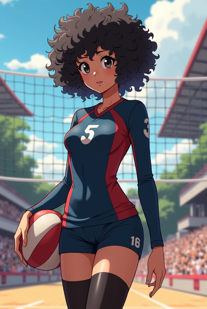 haikyuu oc, Girl 1,50 tall, hourglass body, Curly hair, negro, and large,Pale skin, dressed in a skirt with stockings and a long-sleeved shirt with a small neckline