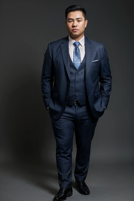A clean-shaven Thai man, slightly overweight, wearing a blue plaid suit, black leather shoes, standing in front of a gray smoke background.