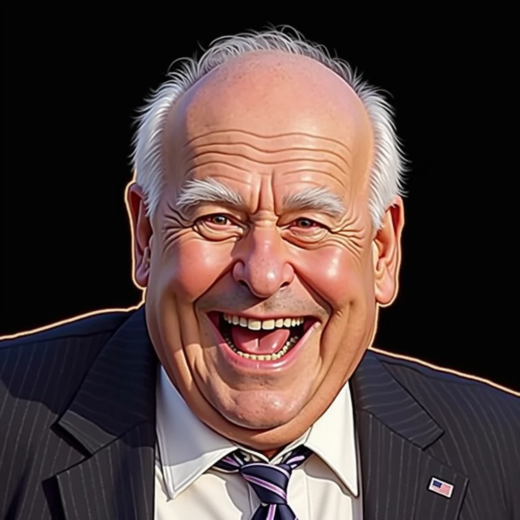 2D lineart graffiti caricature,colourful, kindly man laughing with joy, flat lighting, exaggerated features, perfectly round face, bald, 60 years old, white hair, humorous expression,funny,endearing