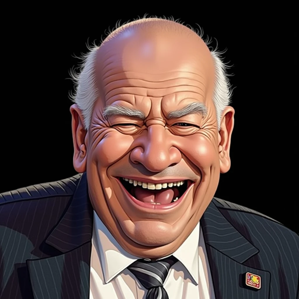 2D lineart graffiti caricature,colourful, kindly man laughing with joy, flat lighting, exaggerated features, perfectly round face, bald, 60 years old, white hair, humorous expression,funny,endearing

