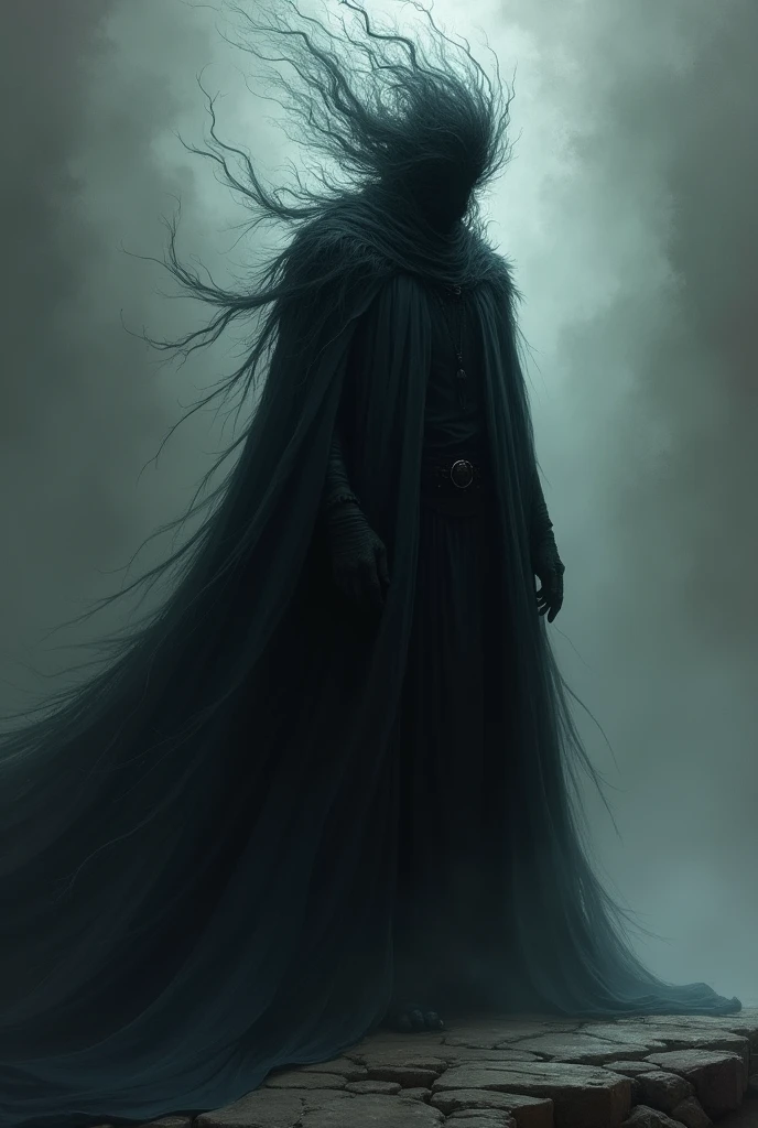 Make a magical being, king of the kingdom of darkness, with a strong shadow in place of his head, with normal black clothes