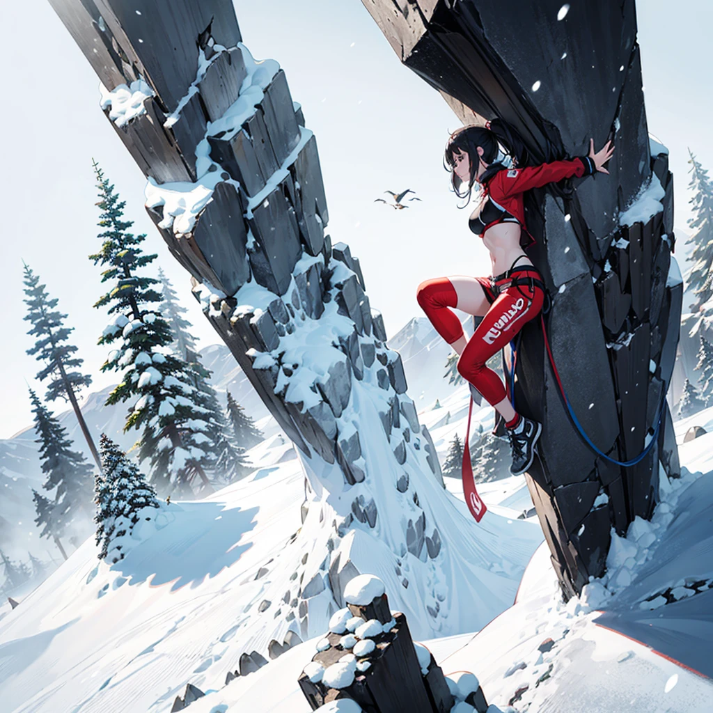 Beautiful girl with healthy body,free climbing,midriff,bikini,bare legs,breathing white air,strong snow storm,strong snowy day,flying snowflakes as background,climbing snow peak,crawling on a vertical cliff,high altitude,high height,precise face
