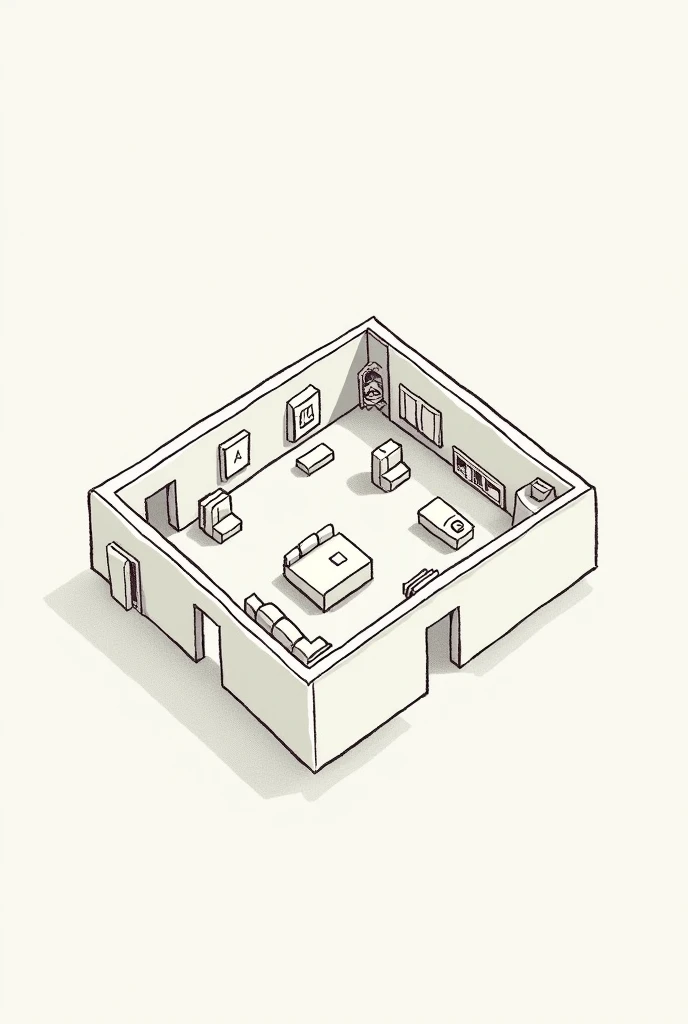 Top view of the house without the roof, inside the house there are objects, simple drawings like a game, straight view from above to the floor