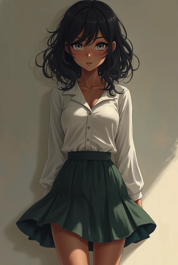 haikyuu oc, Girl 1,50 tall, hourglass body, Curly hair, negro, and large,pale white skin, dressed in a skirt with stockings and a long-sleeved shirt with a small neckline