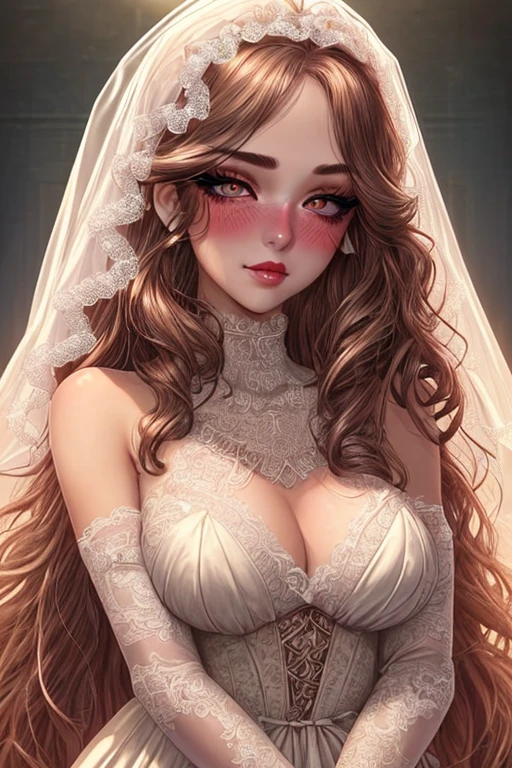 1 girl, upper body shot, detailed face, cute face, peach skin tone, smooth skin, blush red cheeks and face, light smirk, long curly hair, attractive makeup, heavy makeup, long eyelashes, long eyeliner, excessive eye makeup, black smokey eyeshadow, heavy eyeshadow, glossy baby pink lipstick, glossy lips, heavy makeup, wedding gown, shoulderless, long separate sleeves, lace veil, soft light