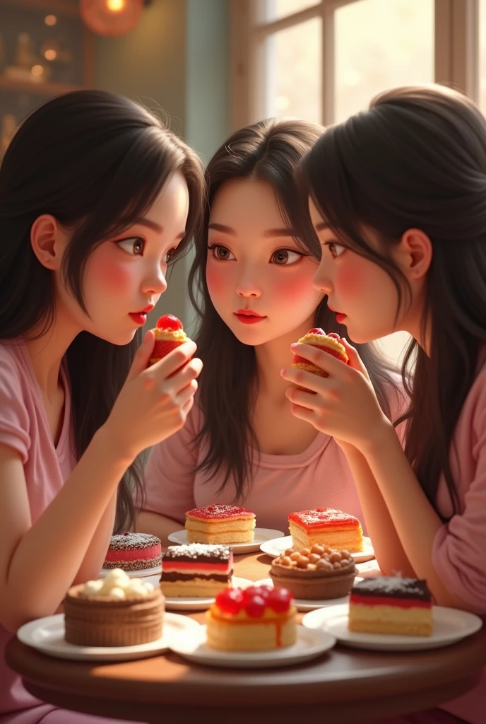 Chubby women eating desserts, brunette, Chinese, small eyes 
