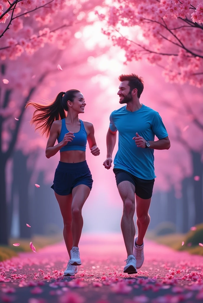 A couple jogging under the dropping cherry blossoms neon style