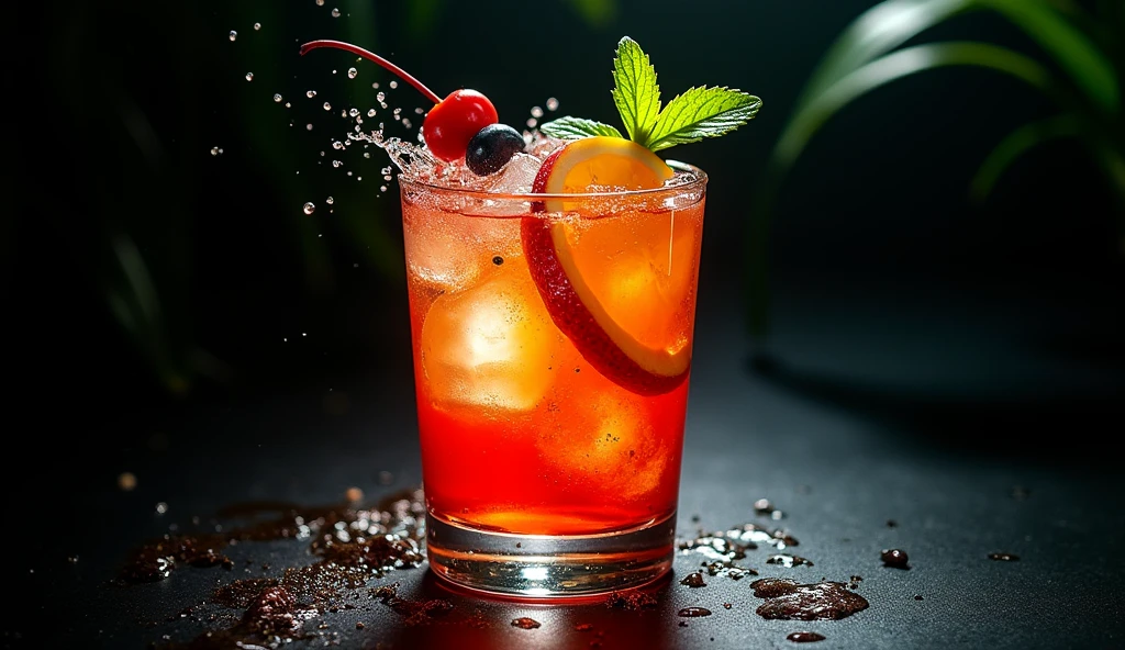 full shot photography upper angle shot with a strong accent to cocktail with many colors and fruits on the black background tropical aesthetics food book photography 35 mm movie frame epic scene cinematic 3d, strong 8k uhd quality