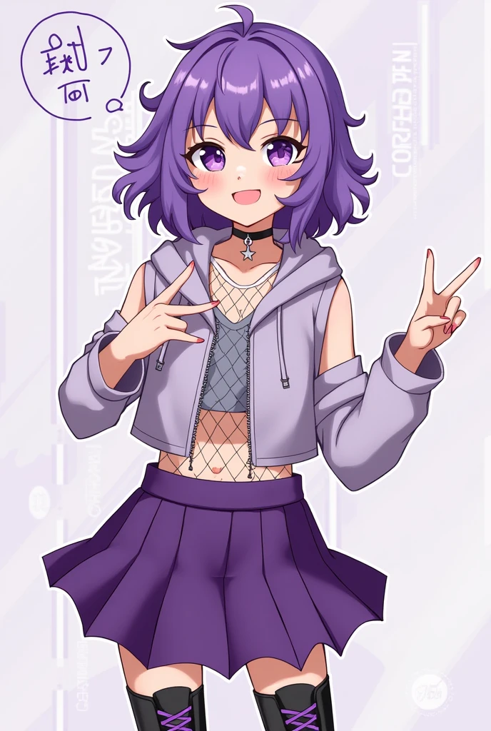 A teenage girl of 15 with purple short wavy hair with a middle part that has layers wearing a cropped sleevless hoodie with a fish net tee underneath and a purple skirt with black knee high boots with purple laces, a choker on her neck with a star dangling from it, a lip piercing, a star beneath her left cheak of purple color and a teardrop of black color on her right cheak drawn on. In anime art style. Her hoodie should be zipped and she should have a ":3" look on her face.