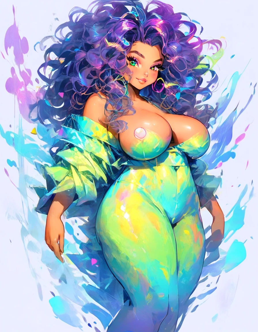 a beautiful nude woman with big messy hair, seductive pose, skinny waist, big breasts, big booty, full body, vibrant, cute detailed digital art, colorfull digital fantasy art, digital fantasy art ), glossy digital painting, pastel vibrant