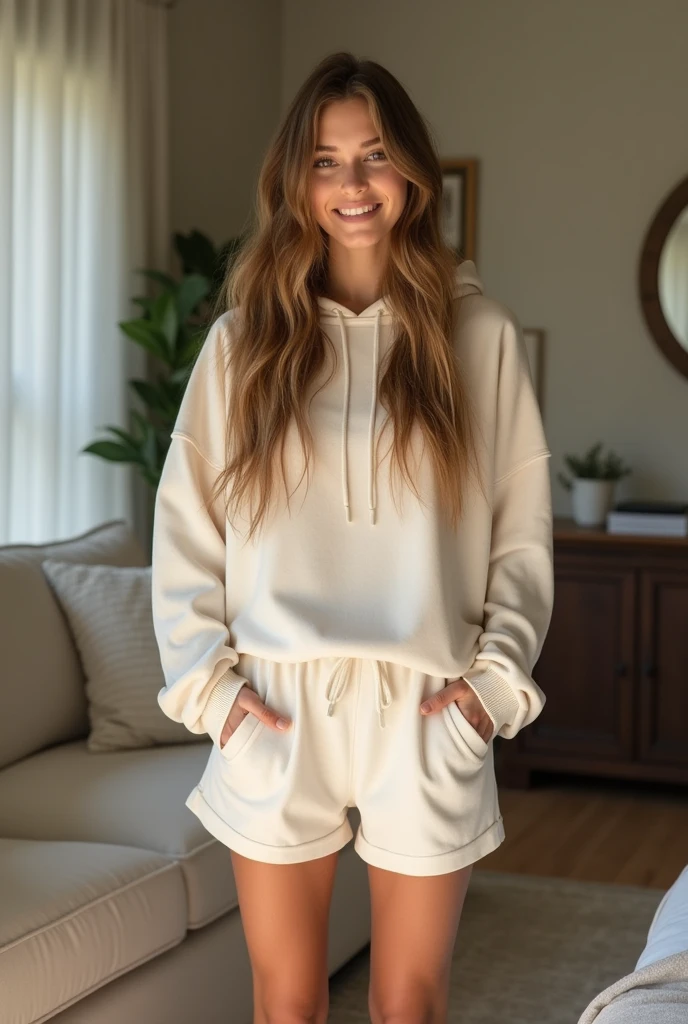 Woman standing up wearing cotton lounge house boxer shorts and hoodie