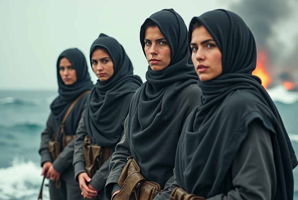 Group of four strong Syrian women fighting to conquer the sea on a warship, hijab, cannon shots in the sea, splashes of water. Tilt shot
