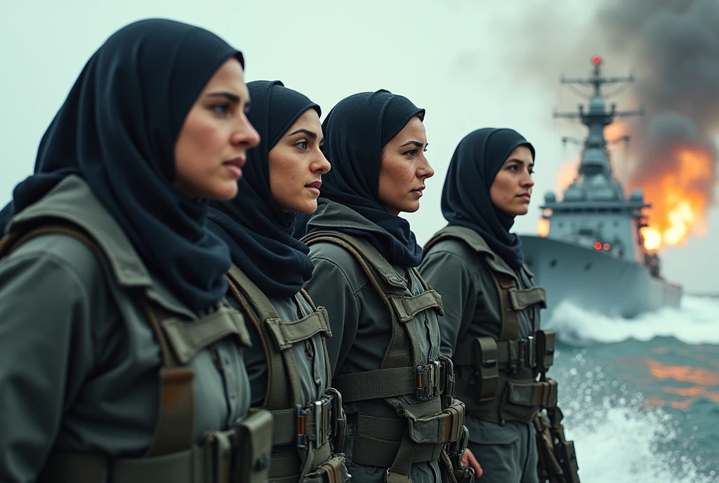 Group of four strong Syrian women fighting to conquer the sea on a warship, hijab, cannon shots in the sea, splashes of water. Tilt shot