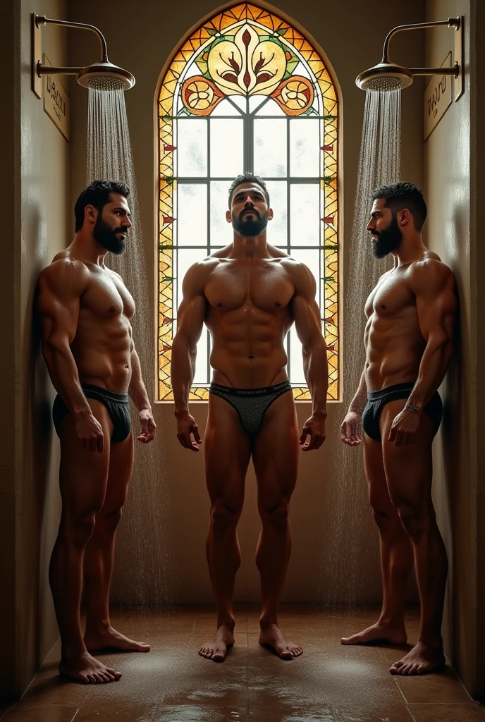 Strong and muscular Bolivian men showering in their underwear under individual showers, with a stained glass window in the background, in a large cloakroom of a historic building from 1650.
