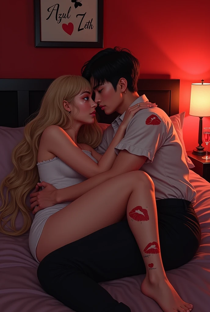 Generate me a realistic photo of an Argentine girl, with a good bust, blue-eyed blonde with tears in her eyes, a crying butterfly tattoo on the legs of a boy with Korean features with not so slanted eyes with a white shirt full of red lipstick kisses and unbuttoned pants with a lip piercing. Both full body and white skin. In a red room on a bed lying down hugging each other and in a picture hanging on the wall that says Azul and Zeth with hearts. With wine glasses on a nightstand
