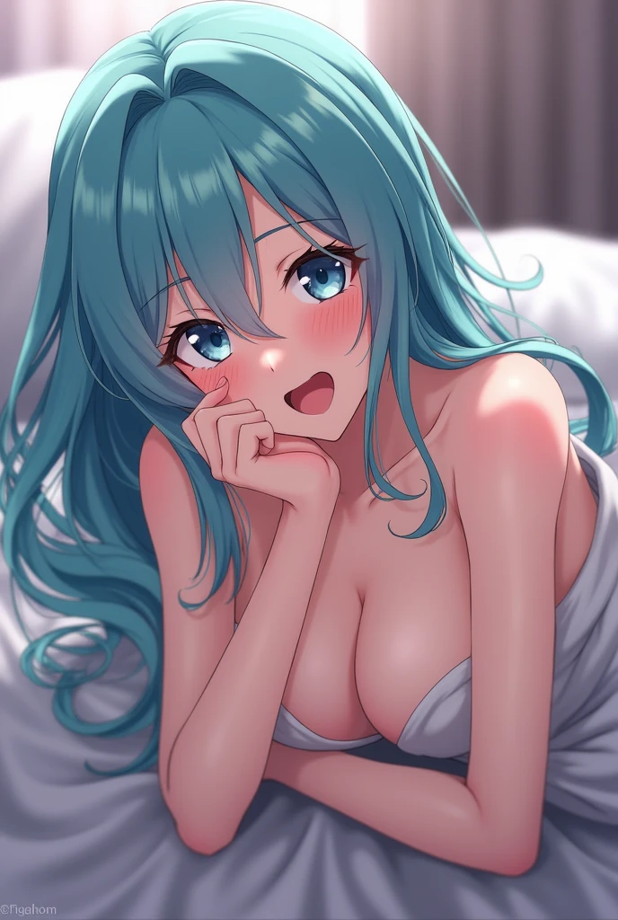 Aqua from Konosuba in bed naked with a sexy and excited look