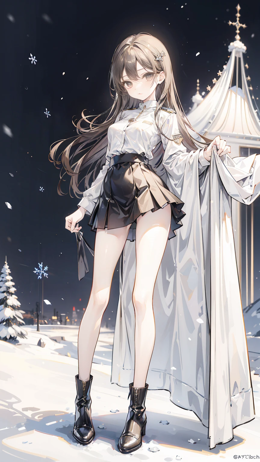 a girl,,standing in snow,long brown hair,very slim,skinny,wearing uniform,thin waist,short skirt,baring legs,wearing short black boots