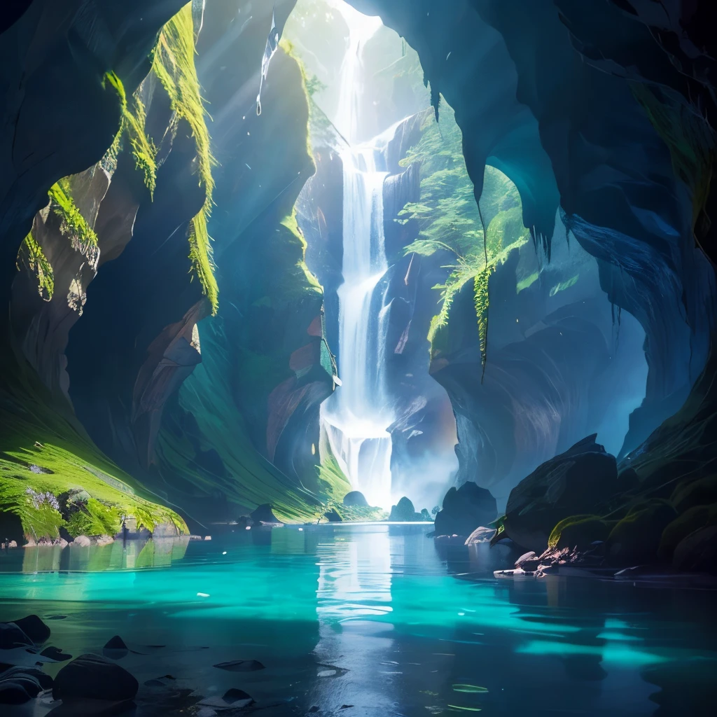 there is a river with a tunnel in the middle of it, mystical forest lagoon, beautiful and mysterious, waterfall cave, magical cave, stunning nature in background, beautiful place, underground lake, japan nature, extremely beautiful and ethereal, really beautiful nature, magical environment, very close to real nature, cave with waterfall, incredibly beautiful, beautiful nature, water everwhere fantasy