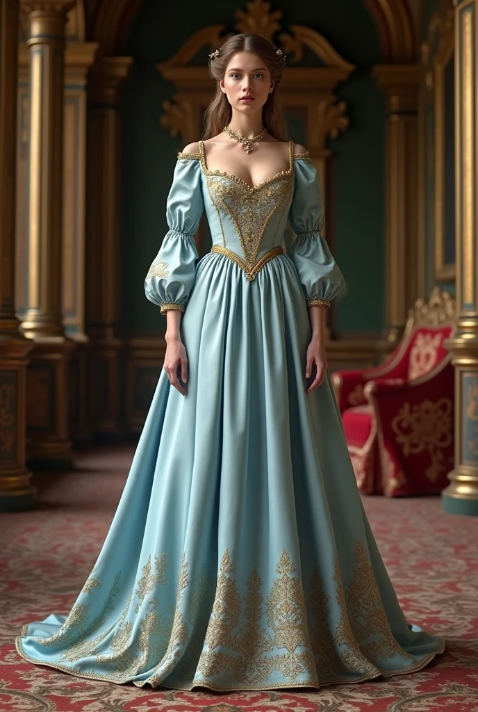 The dress was a 15th century light blue silk with gold embroidery along the bodice and hem. It featured a flowing skirt, delicate long full arm sleeves, and a gold sash at the waist