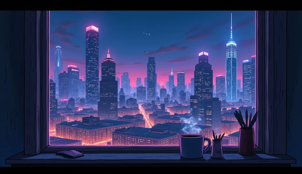 Outside the window is a neon city、night、Anime Style、coffee、There is no one、American cityscape