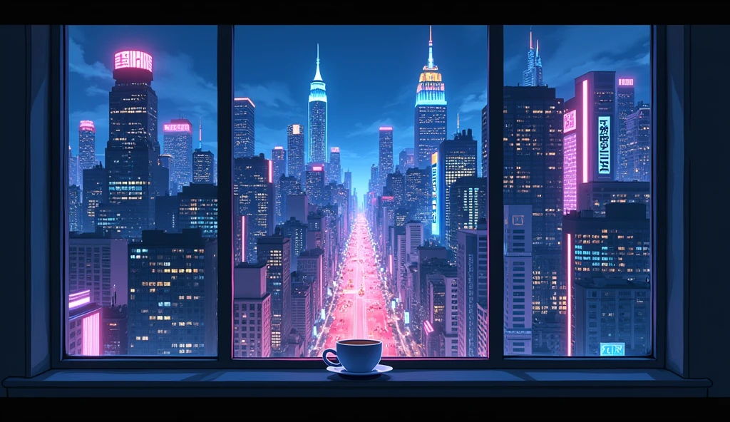 Outside the window is a neon city、night、Anime Style、coffee、There is no one、American cityscape