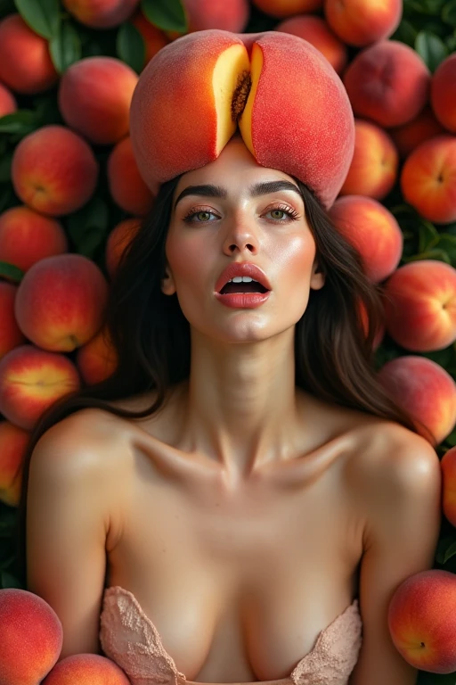 1 beautiful Turkish woman in her 30s。Facing forward、Mouth wide open。The expression is、Sexually lewd expression、Ecstatic expression、I feel a strong sense of ecstasy。The head is peeled、Wearing a large real peach。The chest is wide open。There are peaches all around。Covered in peaches。Fully clothed。