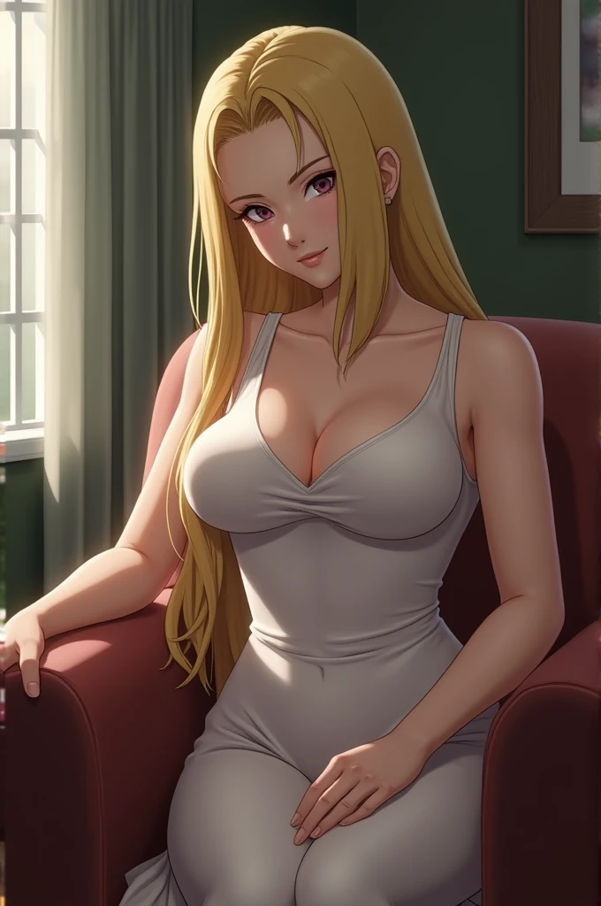 Tsunade with big breast and wearing simple dress at home