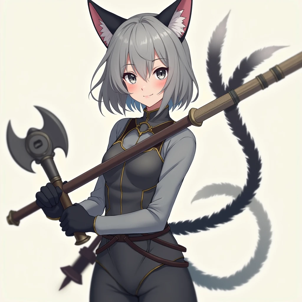 (score_9,score_8_up,score_7_up,) a female anime cat character holding a sword and cat ears standing up, 1girl, solo, animal ears, skirt, tail, gloves, weapon, cat ears, sword, breasts, navel, thigh strap, cat tail, open mouth, white background, smile, black gloves, black skirt, looking at viewer, simple background