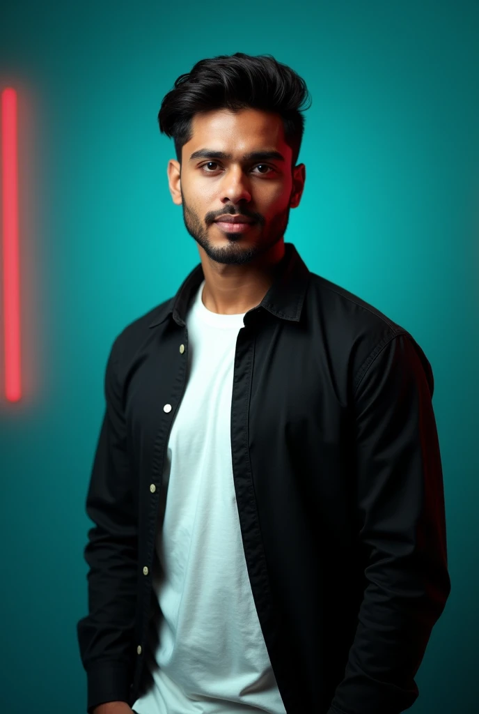 A young man with dark hair and a confident.and bangali face. He is dressed in a black shirt over a white t-shirt. The man is positioned against aqua colour backdrop with a subtle red lighting on the left side. and he posing for Linkedin profile, black background and quality full picture