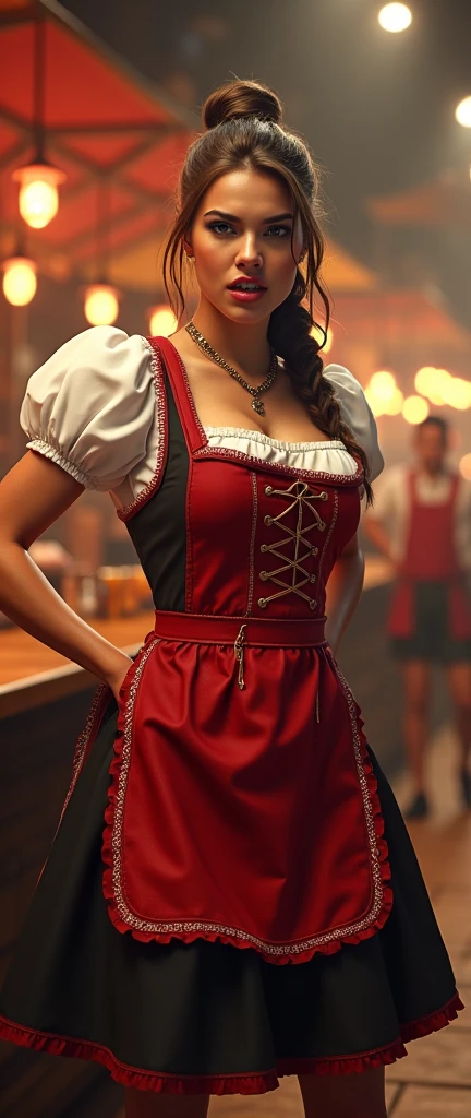 a militant assertive angry Bavarian wench, 1 woman, in a white and red dress with attached apron, Oktoberfest hip hop themed scene, aggressive rap gestures, detailed facial features, highly detailed, photorealistic, 8k, vibrant colors, dramatic lighting