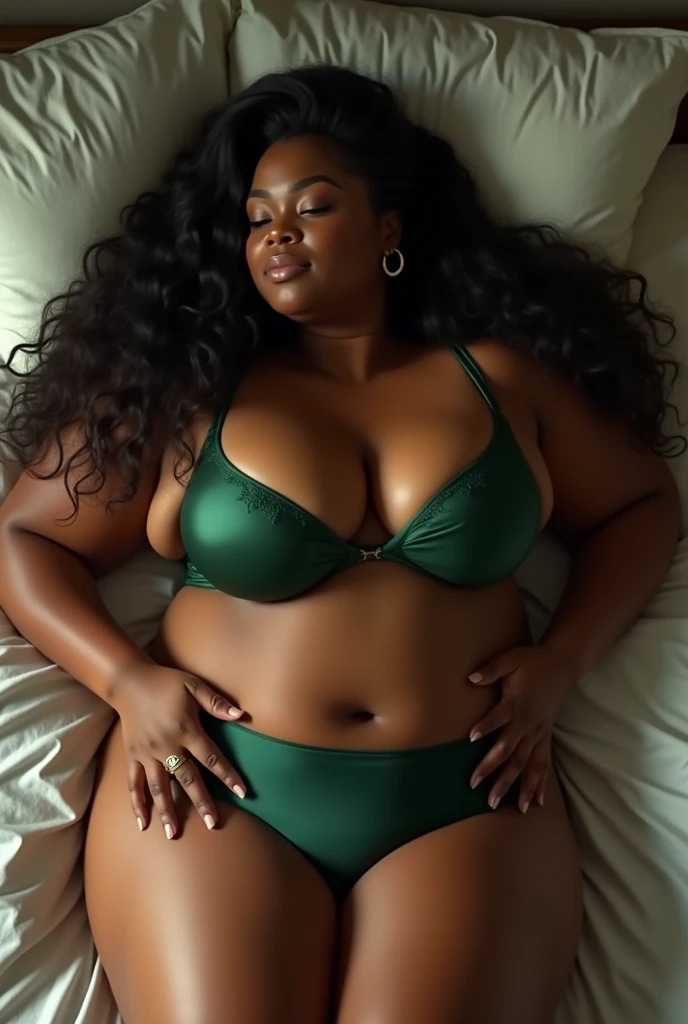 plump thick black woman, long hair, laying in bed topless showing her green panties