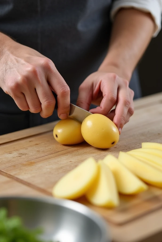 Scene Transition: Peeling and slicing potatoes. A hand peels the potatoes and cuts them into  strips.][Text Overlay: “1. Peel and slice potatoes into strips.