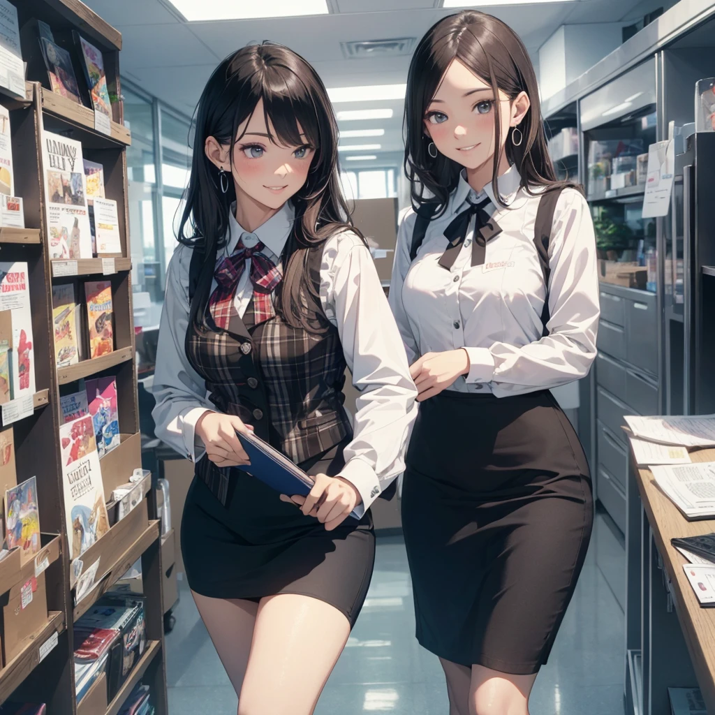 (Best Quality, Masterpiece),Wearing a pink plaid vest, White short sleeved shirt, Gray pencil skirt, Wear stiletto heels, Necklace, earrings, Cute face, Smile, Blushing, Shyness, Glass wall, Ultra Detail, Realistic, Front view, Whole body, stunning, cute, warm smile, hourglass figure, apron, text, chart, advertising, magazine title(Best Quality, Masterpiece), Mag((((1ladyl,)))) (masterpiece), (realistic), (best quality), (ultra-detailed), (wearing in [[white and gray check pattern]] Vest worn over white collared long-sleeved shirt:1.4), (gray vest with buttons:1.2), (Pink Theme:1.2), (blue ribbon ribbon:1.3), (Black theme:1.4), (Tight black pencil skirt:1.5), ((Brown pantyhose)), (high-heels:1.1),longskirt,office desk, office chair,Lulubre Unity 8K Wallpaper, pantyshot, long brown hair, office lady Magazine Cover, 1girl,  amazing, girl, 30 years old, house wiife, warm smile, hourglass figure, text, chart, advertising, magazine title