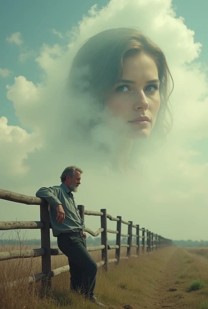 An image in 16-9 format/16:9, A man leaning against a farm fence, and a woman's face in the clouds like a distant thought of an old love.