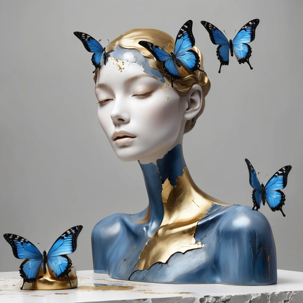 ((exhibition, woman, Still life table, Art statues, 3D sculpture, Colored ceramics, Surface cracks, Broken texture)), mercy, thin neck, Show the beauty of nature. Black and blue theme, Kane, gold powder, This work is presented on a gray background.., art, Highlight its artistic qualities, blue
golden butterflies, Ray tracing, style, beautiful,