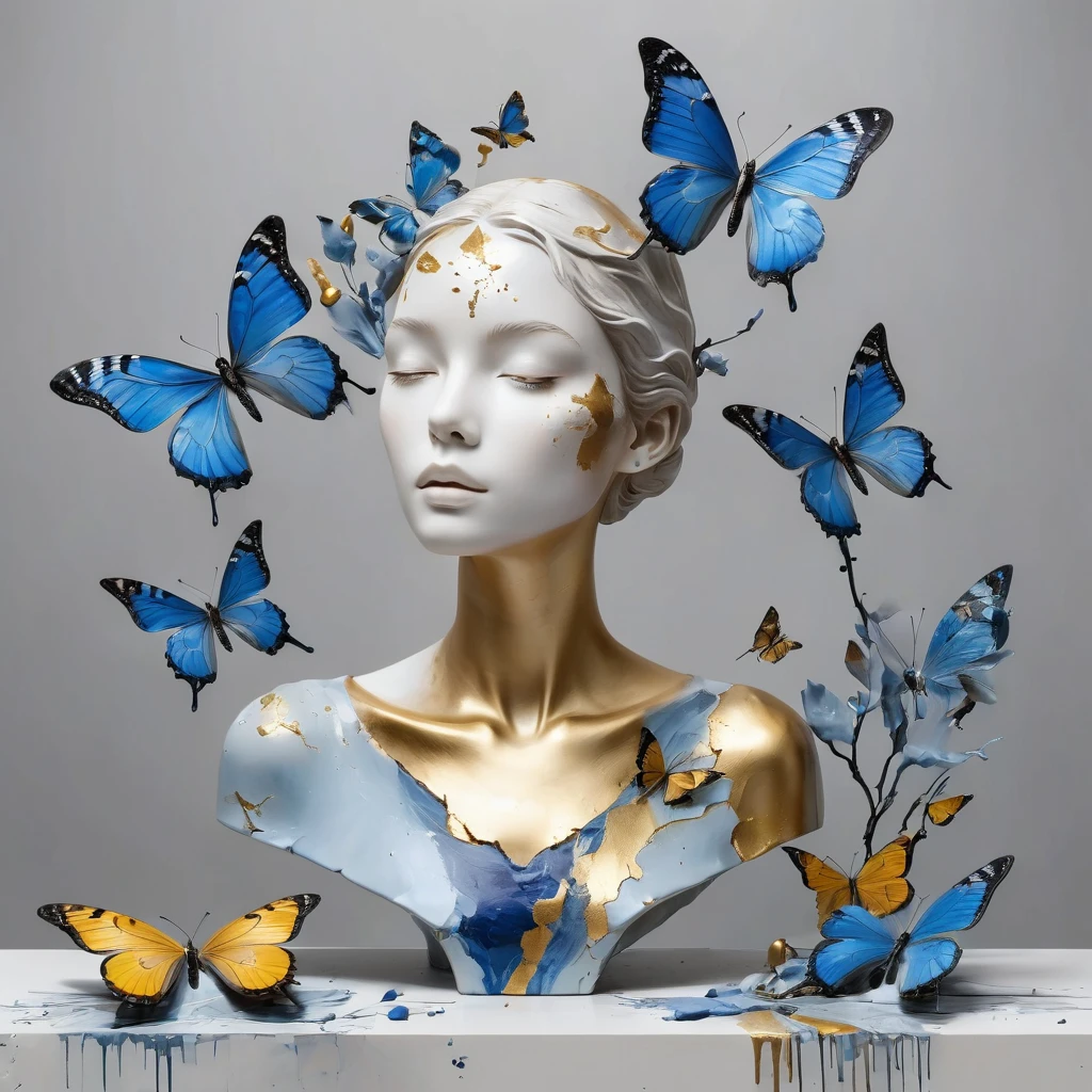 ((exhibition, woman, Still life table, Art statues, 3D sculpture, Colored ceramics, Surface cracks, Broken texture)), mercy, thin neck, Show the beauty of nature. Black and blue theme, Kane, gold powder, This work is presented on a gray background.., art, Highlight its artistic qualities, blue
golden butterflies, Ray tracing, style, beautiful,