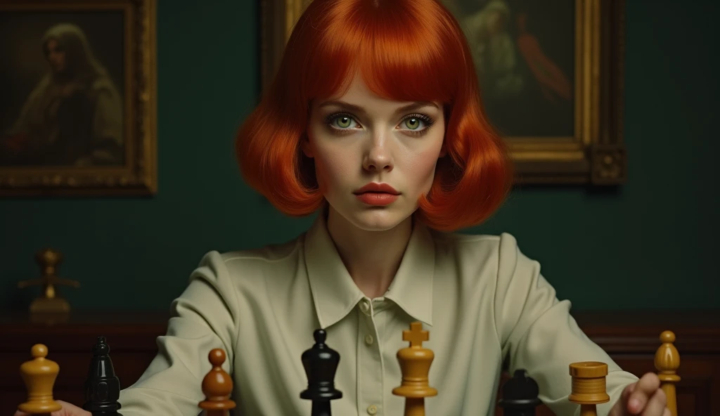 Create an image of a young woman resembling Beth Harmon from 'The Queen's Gambit.' She has red hair styled in a vintage bob haircut, pale skin, and green eyes. The woman is wearing a 1960s-inspired outfit, perhaps a collared dress or a stylish blouse and skirt, sitting at a chessboard with an intense, focused expression. The background could be a classic, dimly lit room or a chess tournament hall, with a few scattered chess pieces on the board in front of her. The overall atmosphere should reflect a blend of intelligence, determination, and a hint of vulnerability.