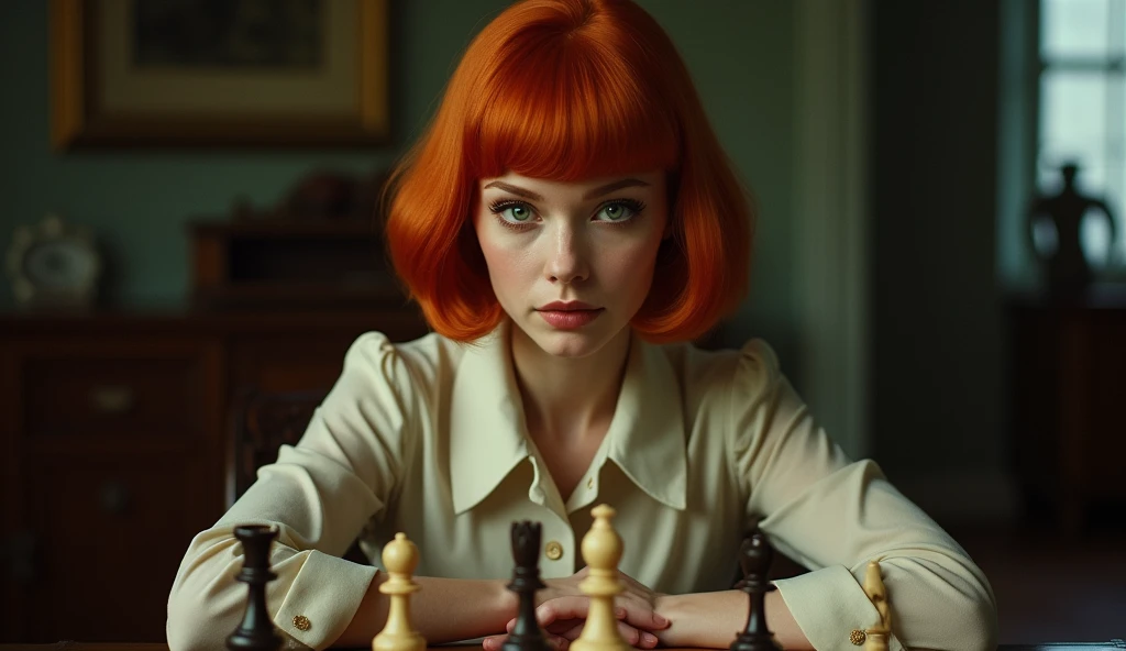 Create an image of a young woman resembling Beth Harmon from 'The Queen's Gambit.' She has red hair styled in a vintage bob haircut, pale skin, and green eyes. The woman is wearing a 1960s-inspired outfit, perhaps a collared dress or a stylish blouse and skirt, sitting at a chessboard with an intense, focused expression. The background could be a classic, dimly lit room or a chess tournament hall, with a few scattered chess pieces on the board in front of her. The overall atmosphere should reflect a blend of intelligence, determination, and a hint of vulnerability.