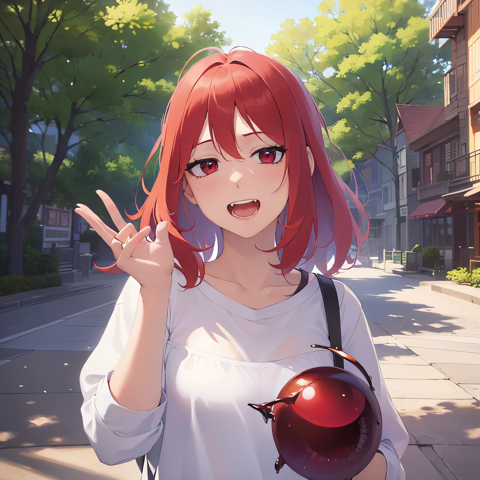 (looking at viewer:1.5)Upper Body, (waving hand:1.2),5 biologically correct fingers、
Realistic, real person, RAW photo, photorealistic, portrait photography, shiny skin,
2 woman、(Medium Hair) and (red hair) and (red eyes),
Wearing a white T-shirt、
(evil grin:1.5), open mouth,(park:1.5)、(alone:1.5)