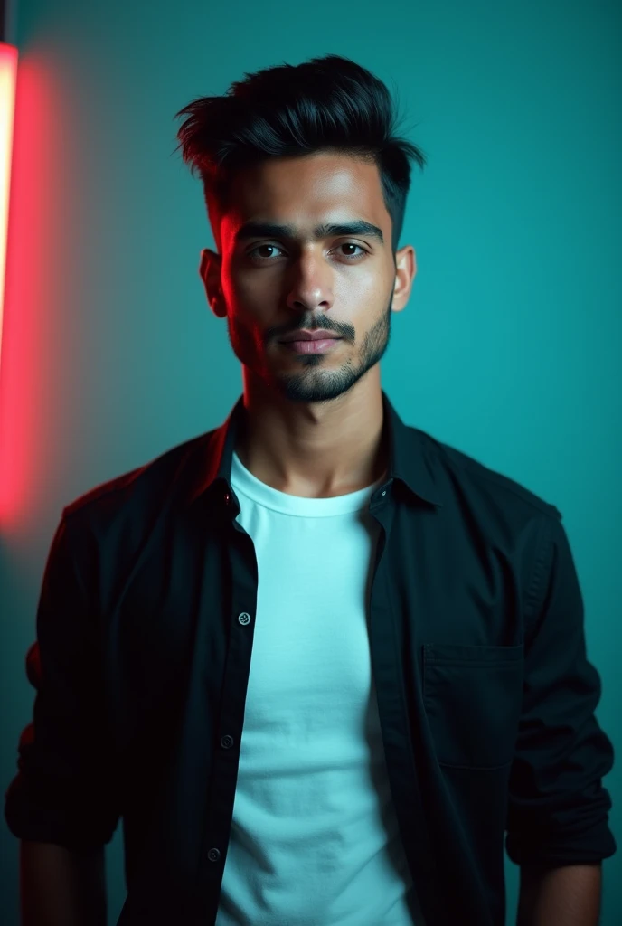 A young man with dark hair and a confident.and bangali face. He is dressed in a black shirt over a white t-shirt. The man is positioned against aqua colour backdrop with a subtle red lighting on the left side. and he posing for Linkedin profile, black background and quality full picture 