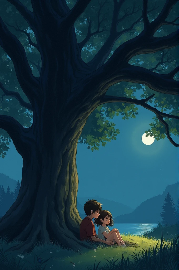 A girl and a boy sitting under a tree in night time