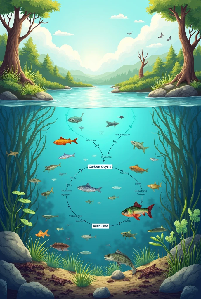 Draw a carbon cycle in fresh water 
With English labling
