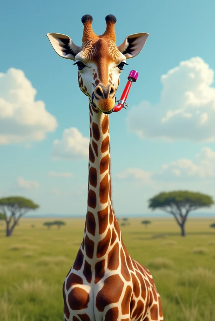 A giraffe with a snorkel in its mouth