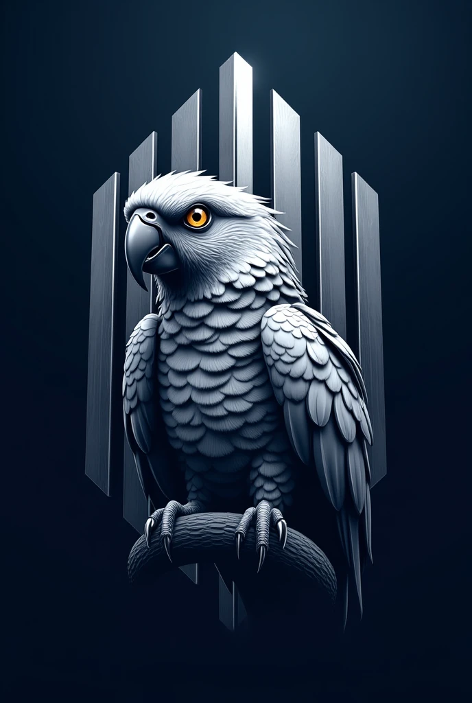 A logo that has a fierce silver macaw and behind it was a silver corporate building and mobey. The background color is dark blue. 