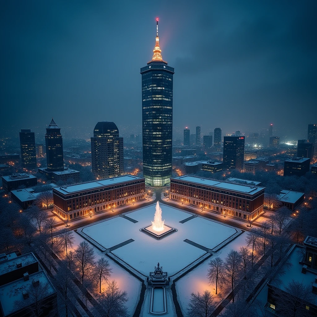 Square in front of a skyscraper、night、Aerial view、Snowfall、