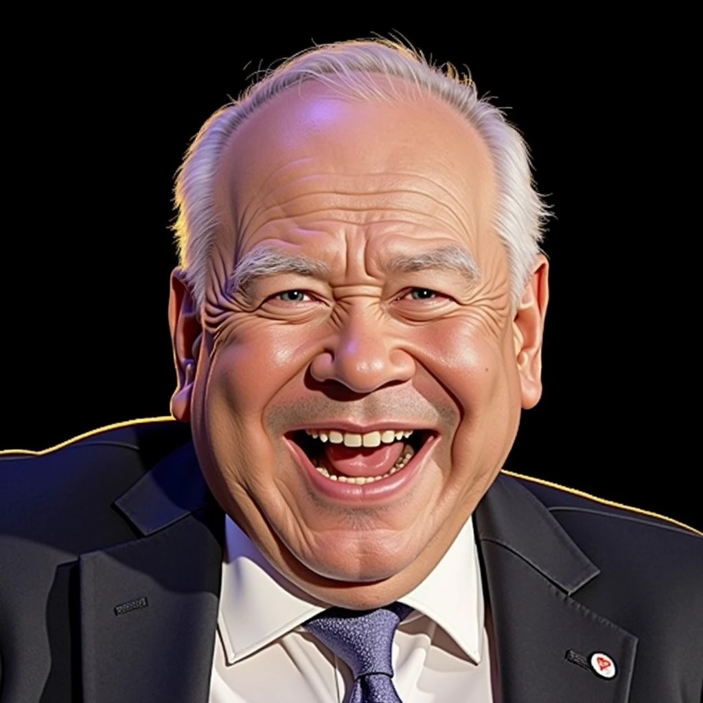 2D lineart graffiti caricature,colourful, kindly man laughing with joy, flat lighting, exaggerated features, perfectly round face, bald, 60 years old, white hair, humorous expression,funny,endearing