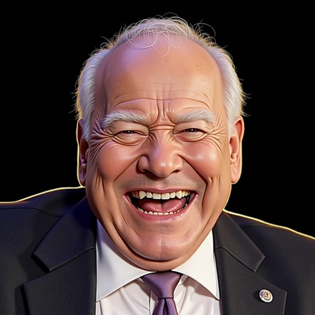 2D lineart graffiti caricature,colourful, kindly man laughing with joy, flat lighting, exaggerated features, perfectly round face, bald, 60 years old, white hair, humorous expression,funny,endearing