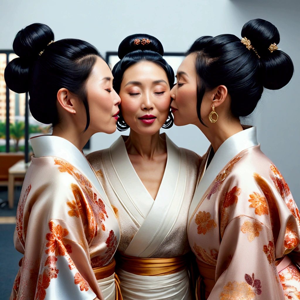 three japanese eldery mature ladies in kimono at luxerius office items sorrounded bright lighted modern office,their black straight bob hair back side made in to low single small ponytail while front parted hair maded into twin bun,100 liters of oil poured over their hairs making slick shinning like mirrors,tongues are highly visible,kissing 