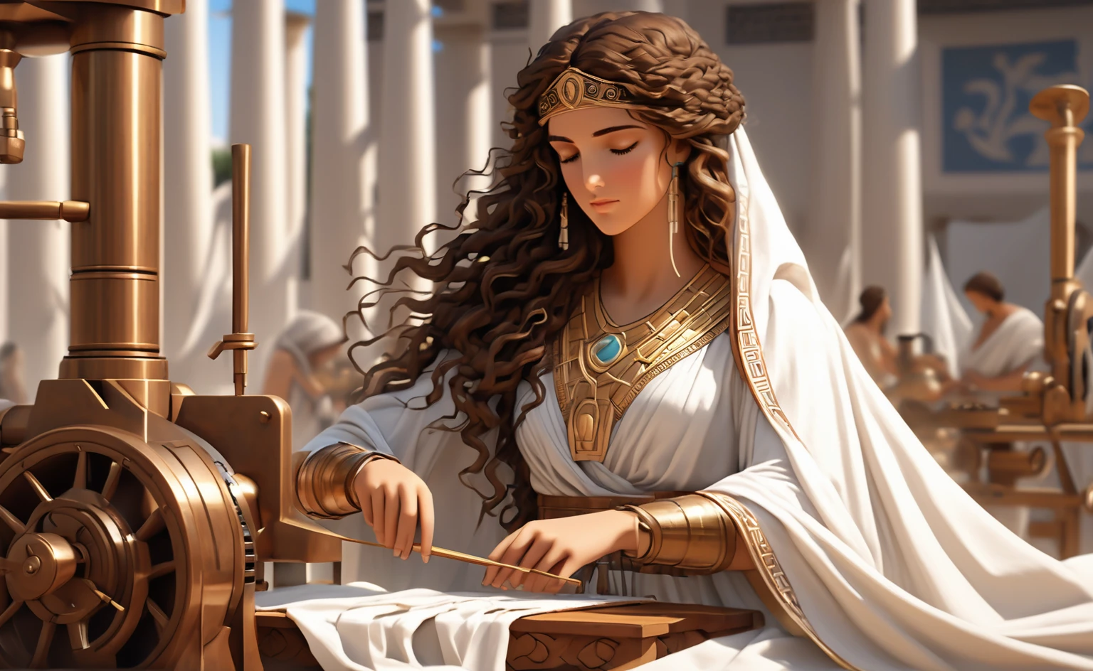 In ancient Greece, a beautiful woman named Theodota, with long, curly brown hair and bright brown eyes, wearing a flowing white tunic, is intensely focused on Stitching cloth. The machine, made of bronze and wood, Theodota's hands move deftly as she works, but her face remains serene and focused.