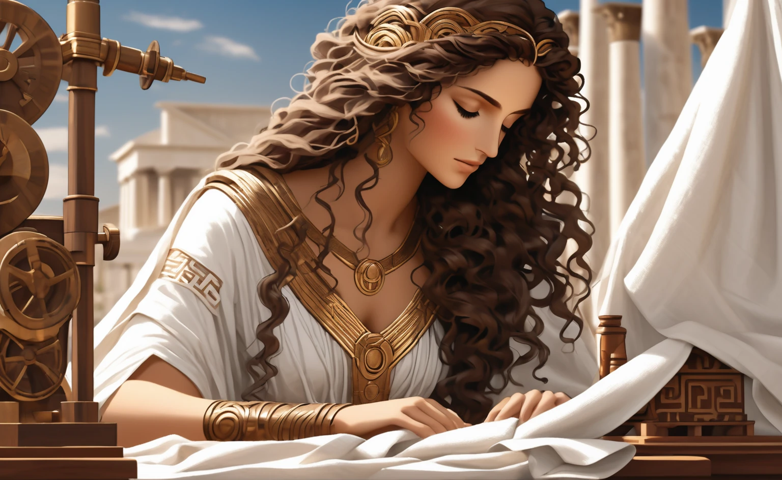 In ancient Greece, a beautiful woman named Theodota, with long, curly brown hair and bright brown eyes, wearing a flowing white tunic, is intensely focused on Stitching cloth. The machine, made of bronze and wood, Theodota's hands move deftly as she works, but her face remains serene and focused.